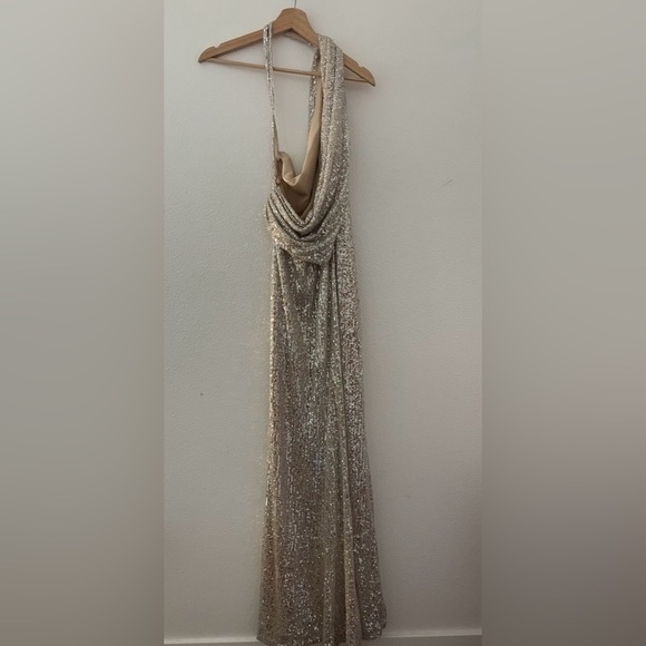 ieena for Mac duggal Sequined One Shoulder Draped Back Gown - Picture 3 of 8